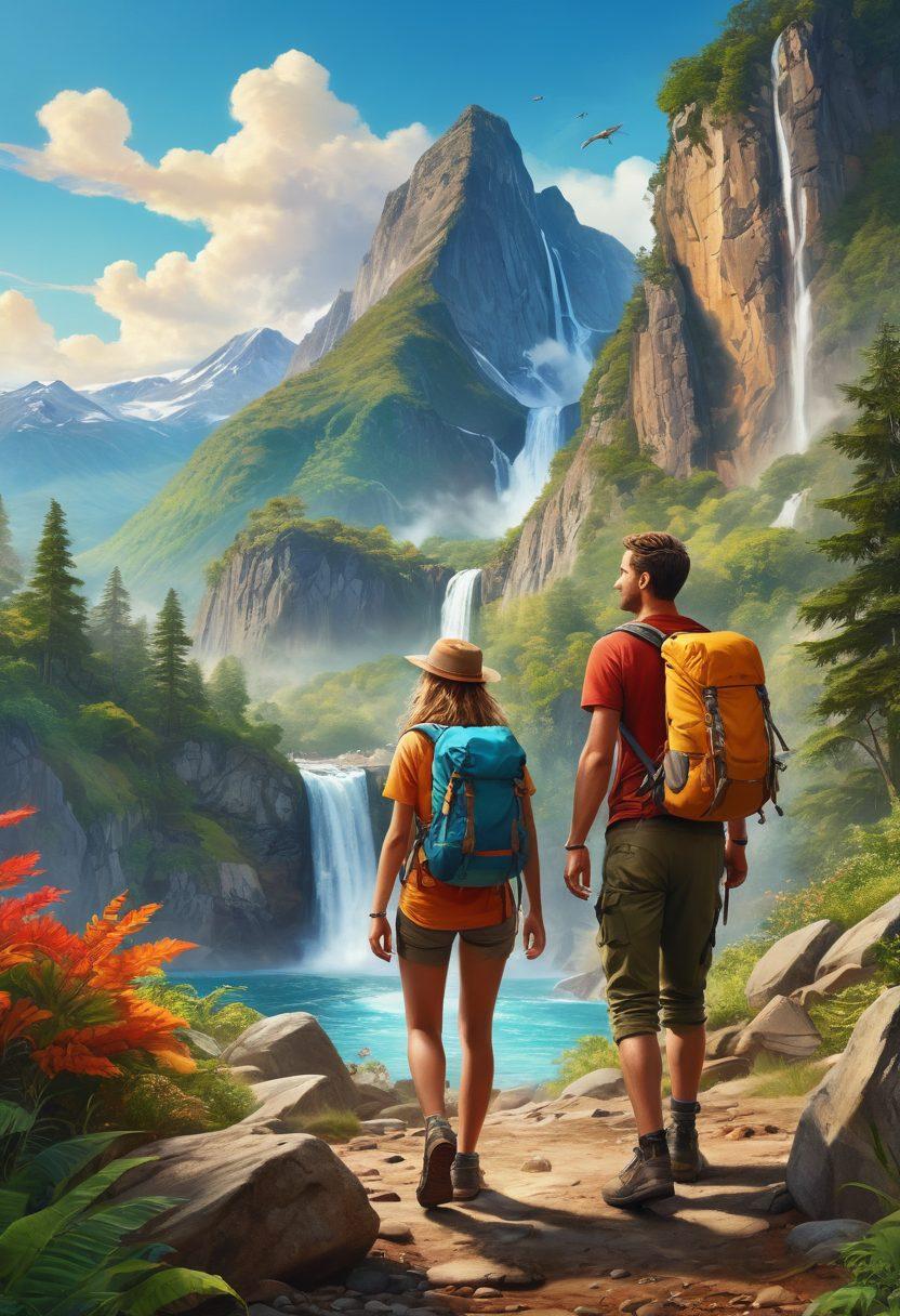 A dynamic scene showcasing modern explorers joyfully engaging in thrilling adventures, with a backdrop of diverse landscapes such as mountains, forests, and oceans. Include elements like a hiking couple, a waterfall, and an iconic city skyline. Vibrant colors to depict excitement and discovery, capturing the essence of wanderlust and happiness. super-realistic. vibrant colors.