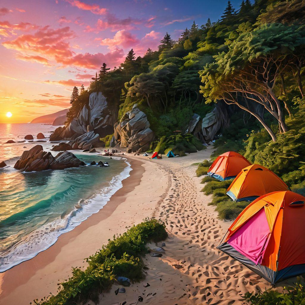 A breathtaking landscape featuring a winding path through a lush green forest leading to a serene beach, dotted with colorful tents and travelers enjoying their nomadic lifestyle. Include elements like a cozy campfire, a backpack, and a sunset sky painted in vibrant oranges and pinks. Capture the spirit of adventure and community among diverse individuals. super-realistic. vibrant colors. cinematic depth.
