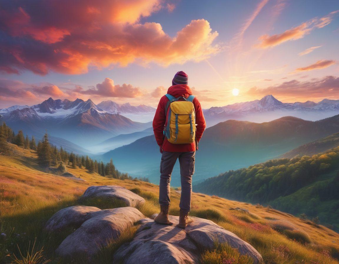 A vibrant landscape featuring a cheerful modern nomad, dressed in colorful travel attire, standing on a hilltop with a breathtaking view of mountains and forests. Surround the scene with a variety of travel gear: a backpack, a camera, and a travel journal, symbolizing adventure and exploration. In the sky, soft pastel clouds represent dreams and possibilities. Add a glowing sun in the background to evoke warmth and positivity. super-realistic. vibrant colors. 3D.